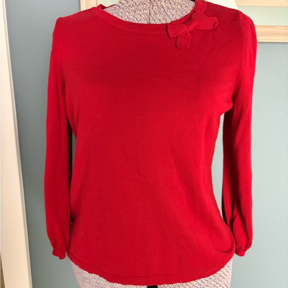 Talbots Red Bow Detail Long Sleeve Top Petite Small SP